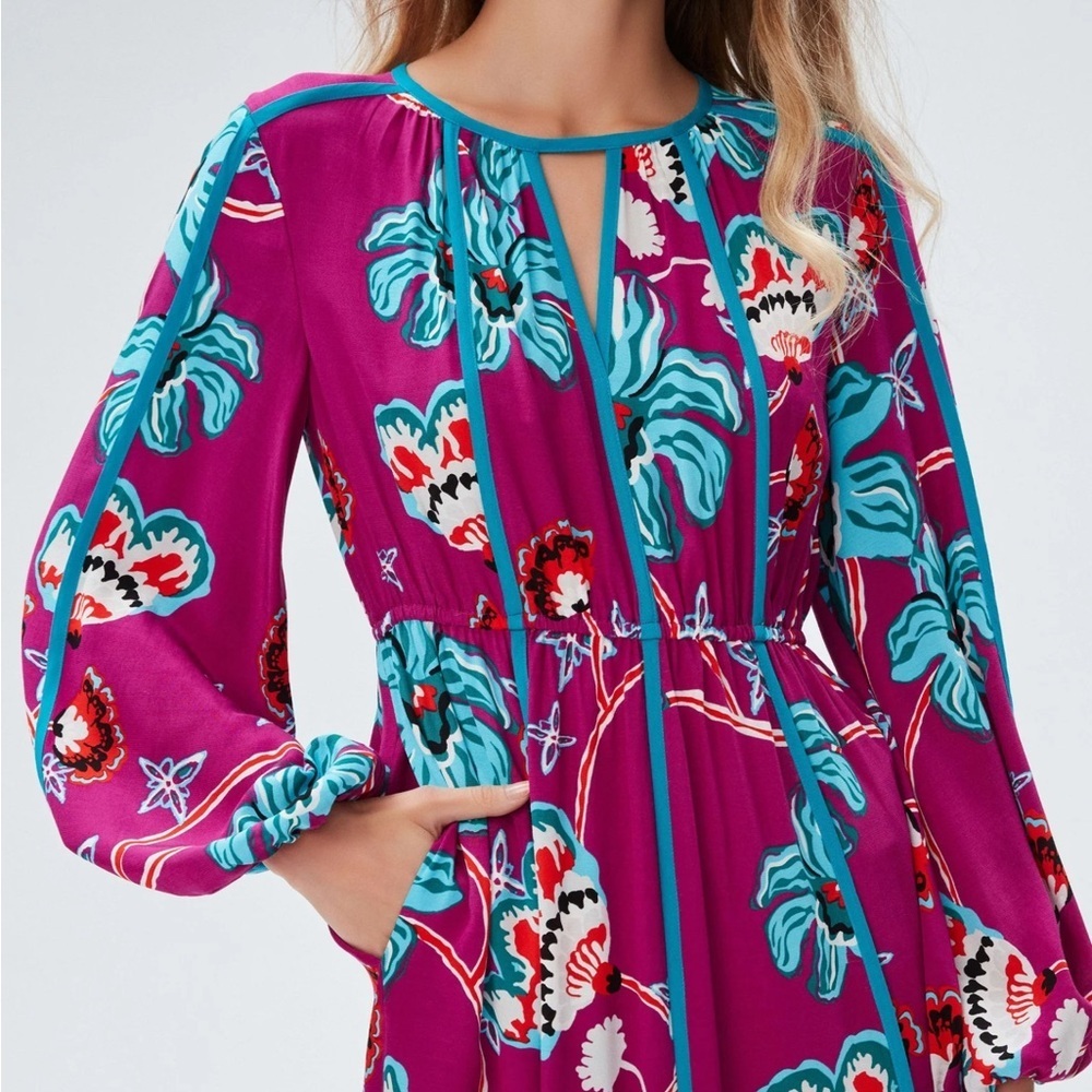 Diane Von Furstenberg Floral Long Sleeve Maxi Dress - Purple and Teal Size S - Picture 4 of 14